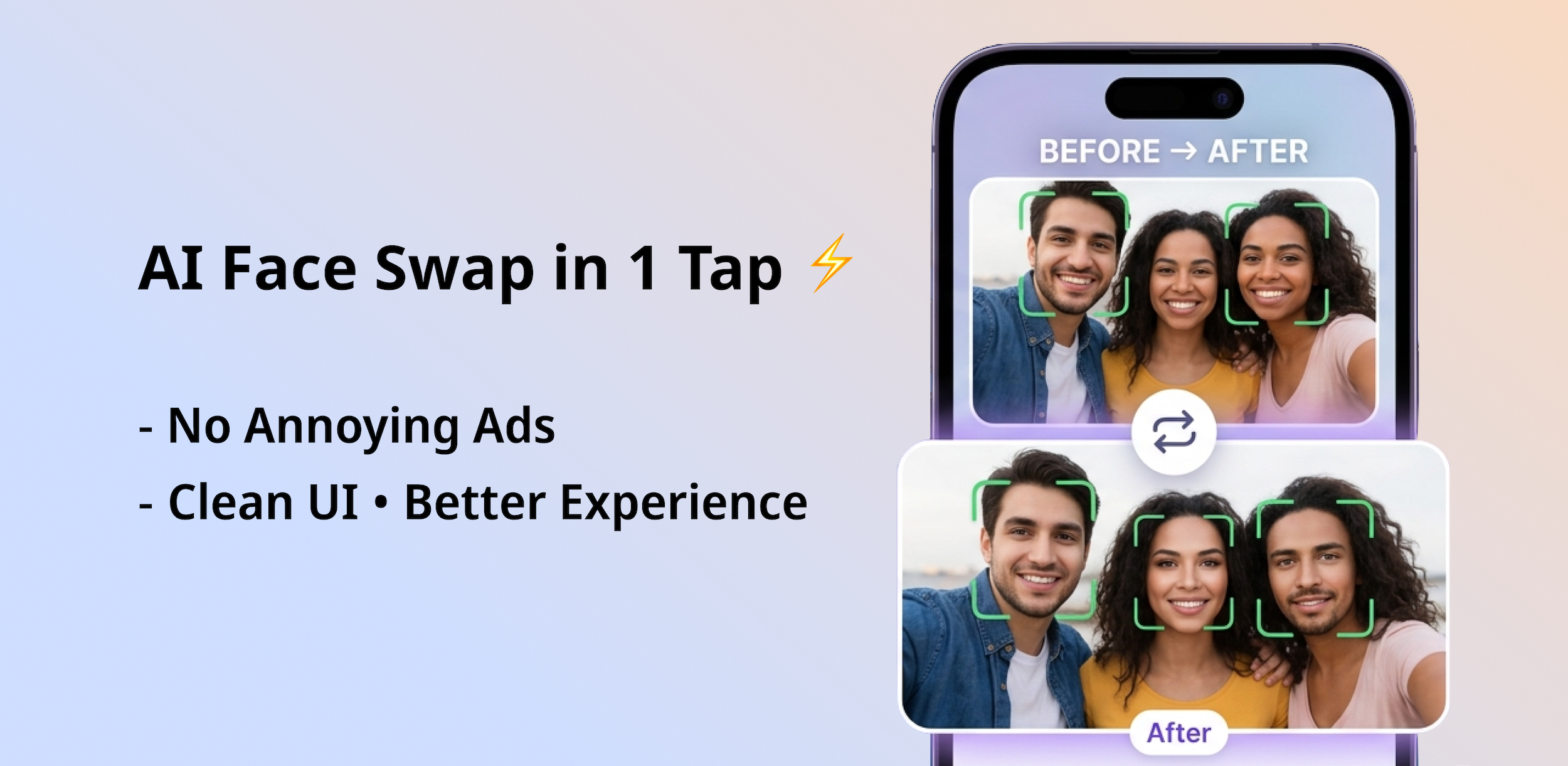 FaceWap AI face swap app features showing single and group face swap